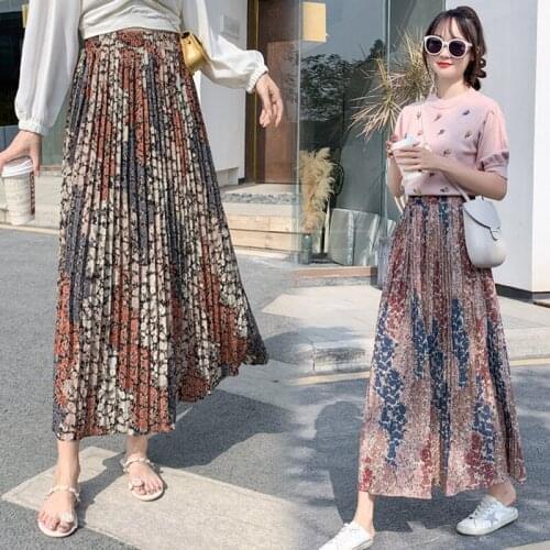 2021 New Women Spring Summer Floral Pleated Skirts Long Skirt Elastic High Waist Skirt Midi Chiffon Skirts