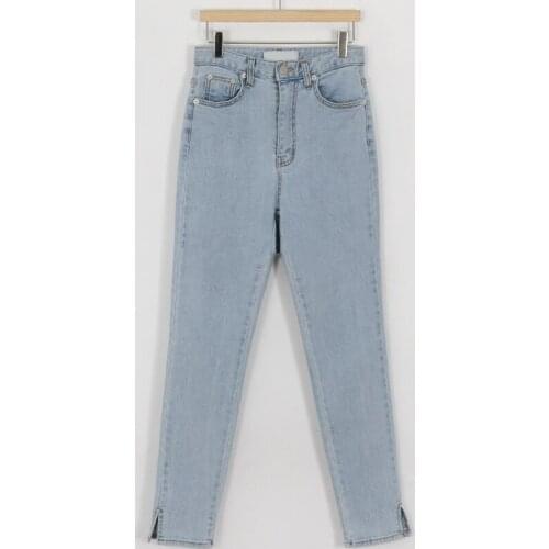 Autumn 2021 New Blue Womens Jeans Mid Waist Denim Pencil Pants Retro Washed Streetwear Slim Trousers Chic Split Female