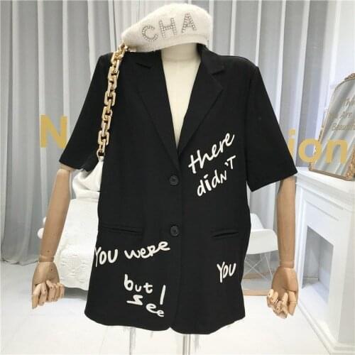Graffiti Letters Print Short Sleeve Blazer Coat for Women 2021New Summer High Street Oversized Jacket Office Lady Womens Blazers
