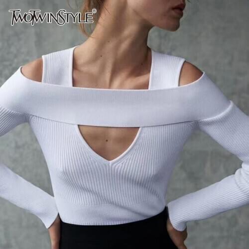 TWOTWINSTYLE Hollow Out Slim Sweater For Women Square Collar Long Sleeve Sexy White Sweaters Female Fashion New Spring Stylish
