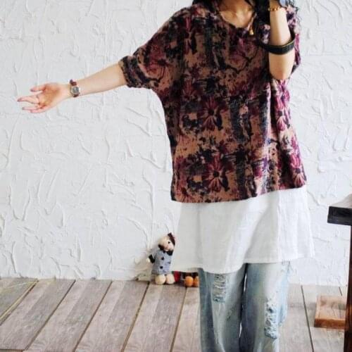Literature Floral Print Women Top 2017 Summer Cotton Linen Women Blouses Casual Loose Half Sleeve Shirt For Women Camisas Blusa