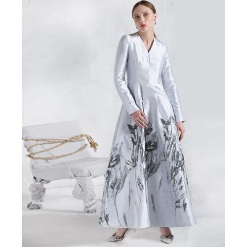 Fashion Spring Jacquard Runway Dress Silvery V Neck Women Evening Full Length Ankle-Length Gorgeous Floral Long Dress