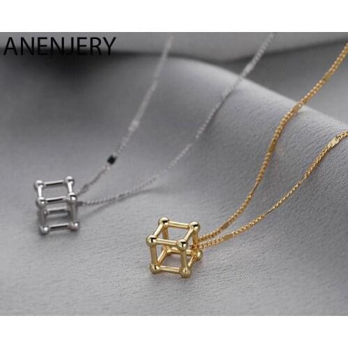 ANENJERY 925 Sterling Silver Cube Pendant Necklace for Women Simple Temperament Shiny Disc Chain Choker Hot Selling Jewelry