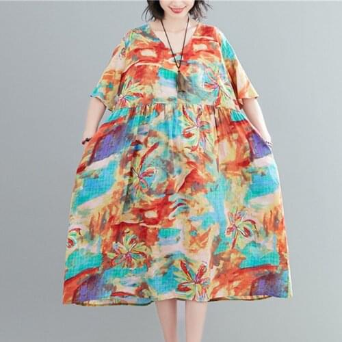 Uego V-neck Short Sleeve Loose Summer Dress Soft Cotton Linen Print Pattern Vintage Dress Women Holiday Beach Casual Midi Dress