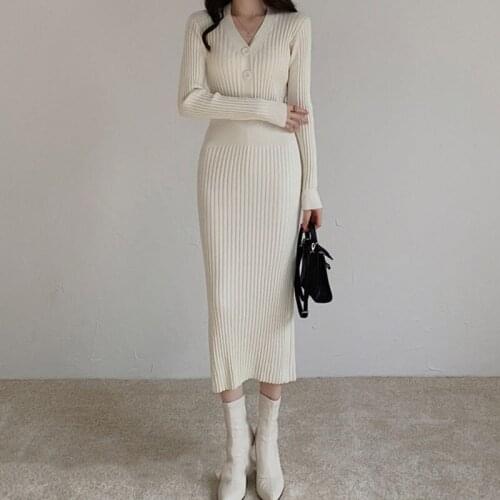 2021VintageFashion Knitted Sweater Long Sleeve Dresses Women Korean Elegant Fall Winter Button V Neck Sweater Midi Woman Dress