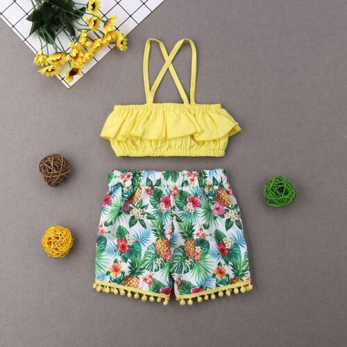 2020 New Fashion Toddler Kids Baby Girls 2PCS Sets Ruffles Sleeveless Vest Crops Tops Floral Tassel Hawaiian Shorts Beachwear