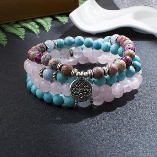 8mm Emperor Jasper Blue Turquoise Rose Quartz Beaded Elastic Bracelet 108Mala Meditation Yoga Healing Jewelry Lotus Buddha Charm