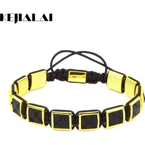 Python Leather Square Beads Bracelet For Men Luxury Style Black Leather High Quality Jewelry Macrame Bracelet Best Gift KJL090