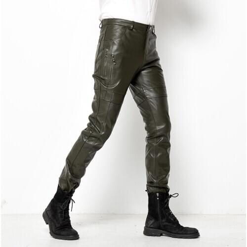 Genuine Leather Pants Men Real Leather Sheepskin Motorcycle Male Trousers Autumn Winter Slim Fit Pencil Pants Army Green Black
