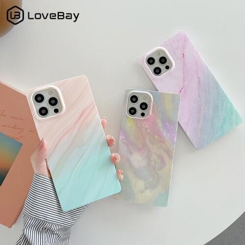 Colorful Vintage Marble Texture Square Phone Case For iPhone 11 12 Pro X XR XS Max 8 7 Plus SE 2020 Glossy Soft IMD Back Bumper