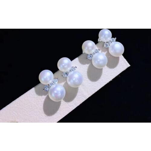 Double pearls stud earring 925 sterling silver with cubic zircon and real fresh water pearl fine women jewelry free shipping