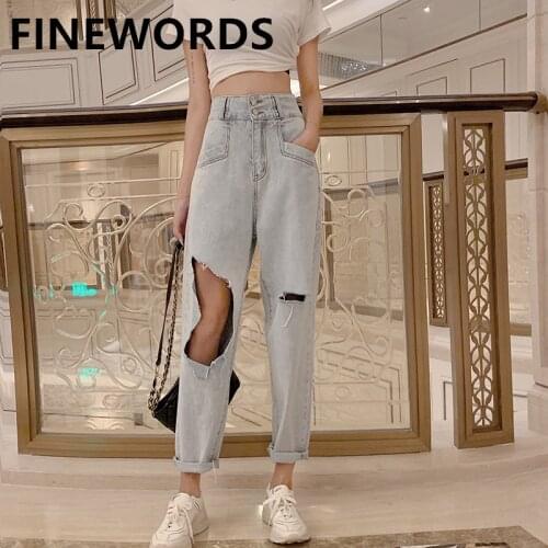 FINEWORDS Ripped Hole Retro Boyfriend Jeans Punk Korean Streetwear Harem Jeans Casual Loose Distressed High Waist Denim Pants