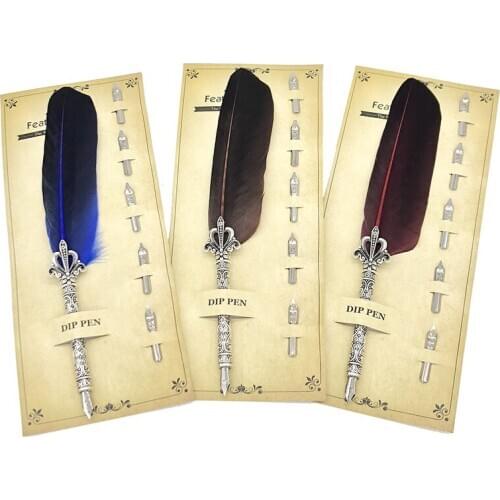 Calligraphy Feather Dip Pens Fountain Pen Retro with 5 Nib Writing Ink Quill Art for School Office