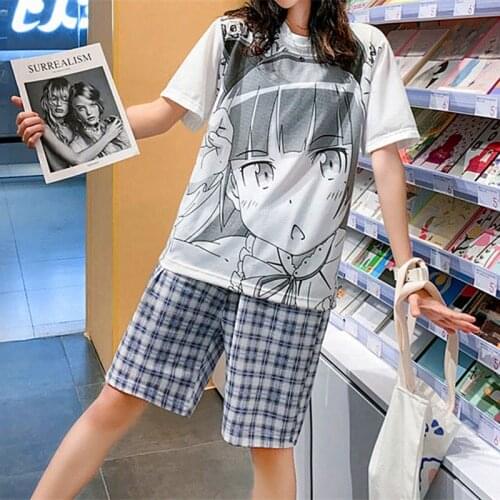 Japanese Anime T Shirts+Shorts Set Women 2-Piece Suit Harajuku Teens Girls Casual Tracksuits 2021 Summer Plus Size Matching Sets