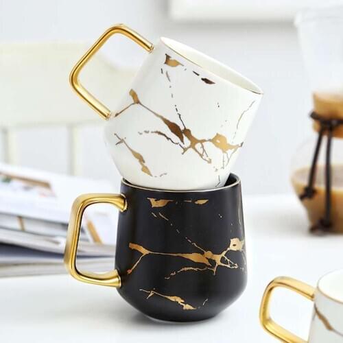 Creative Fresh Nordic Style Marble Matte Gold Ceramic Cup Tea Coffee Mug With Wooden Lid Tray Gift mug coffee mug