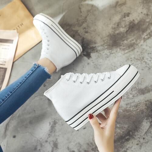 Wedge sneakers, high heels, high-top sneakers, unisex fashion black and white thick-soled denim canvas shoes sneakers