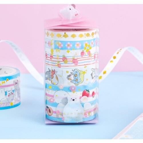 Yisuremia 5pcs/Set 15M Kawaii Decorative Gold Blocking Washi Masking Tape For DIY Crafts Scrapbook Diary School Stationery