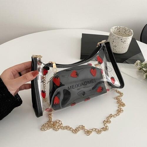 Fashion Women Transparent Letter Strawberry Printing Shoulder Crossbody Messenger Bag Casual Ladies Handbags 2pcs Composite Bags