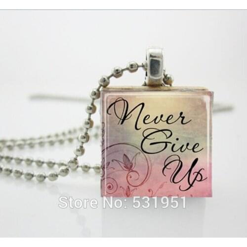 Womens necklace fashion 2014,Encouragement Jewelry, Never Give Up Necklace, Vintage Wood Scrabble Tile Pendant