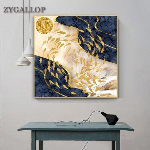 Nordic Wall Art Picture Golden Fish and River Abstract Painting Print Canvas Poster Luxury Wall Pictures for Living Room Decor