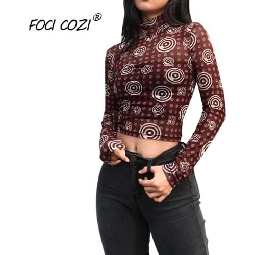 New Store Open Mesh Undershirt Trendy Clothes For Women Crop Tops shirt Printing Coffee Long Sleeve Slim Women High Neck Shirt