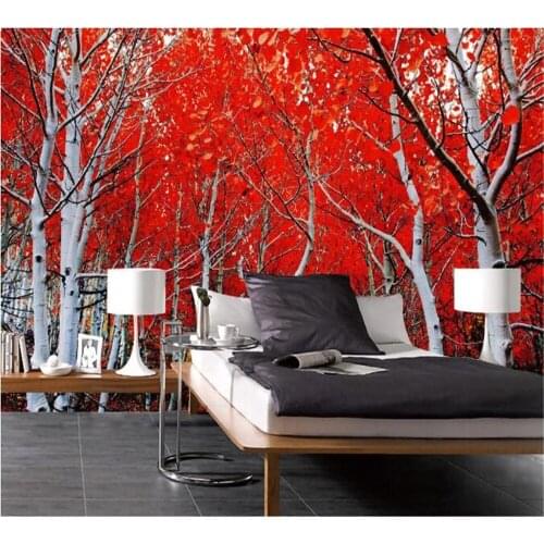 Beibehang Custom wallpaper modern beautiful red maple forest rendering Nordic minimalist art living room TV background wall