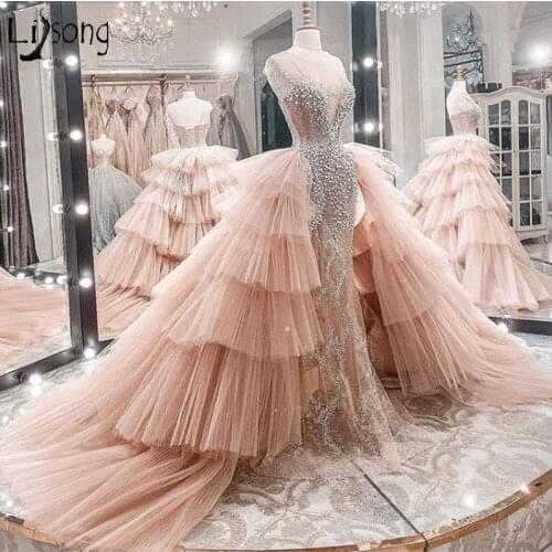 Luxury Overskirts Mermaid Prom Dresses 2020 Couture Tiered Skirt Overlay Bridal Dress Lace Beading Evening Gowns vestidos
