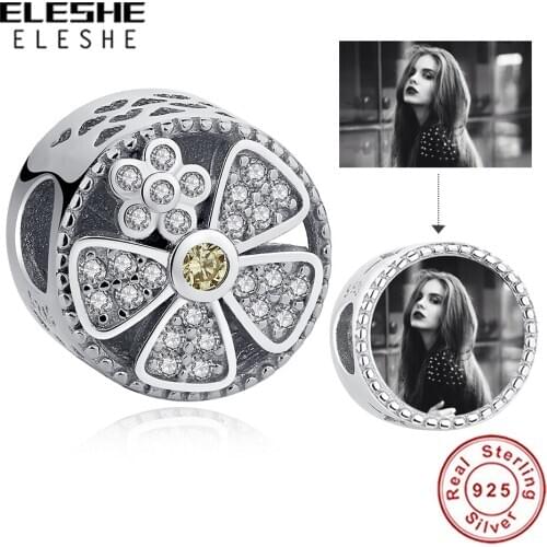 Personalized Custom Photo 100% 925 Sterling Silver Bead Round Daisy Crystal Charms Fit Luxury Brand Bracelet Women DIY Jewelry