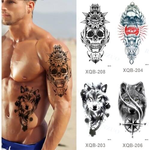 Waterproof Temporary Tattoo Sticker Black Death Big Skull Wolf Lion King Rose Peony Body Art Man Woman Arm Tattoo
