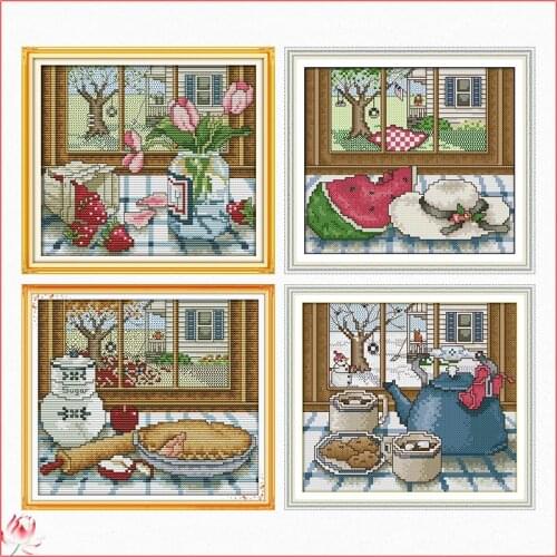 Four Seasons Scenes Outside The Window 14CT 11CT Counted Aand Stamped Home Decoration Needlework Needlepoint Cross Stitch Kits