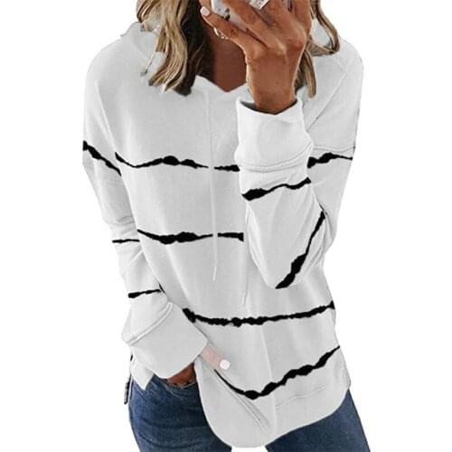 Womans Fashionable Autumn Winter Casual Hoodie with Drawstring Long Sleeve Stripe Print Loose Pullover Tops for Daily Life