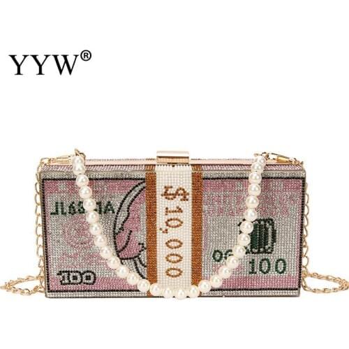 Women Pearl Minaudiere Bag 2020 New Creative Design Dollar Shopping Bag Printing Hot Pink Light Gray One Shoulder Tote Bags