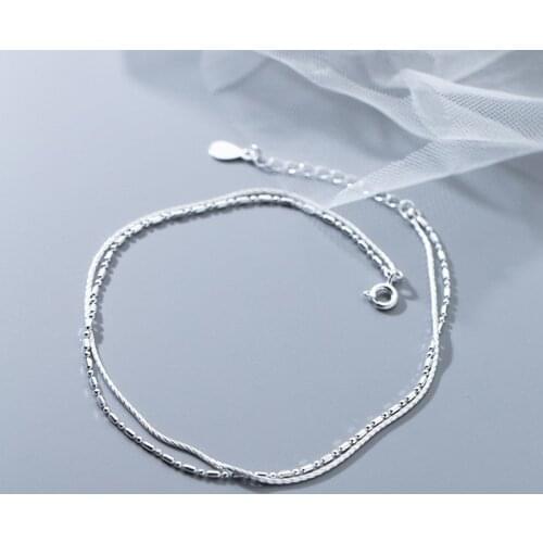 925 Silver Ankle Jewelry For Women Double Layer Foot Bracelet Chain On The Leg Accessories Bead Oblong 21CM Adjustable