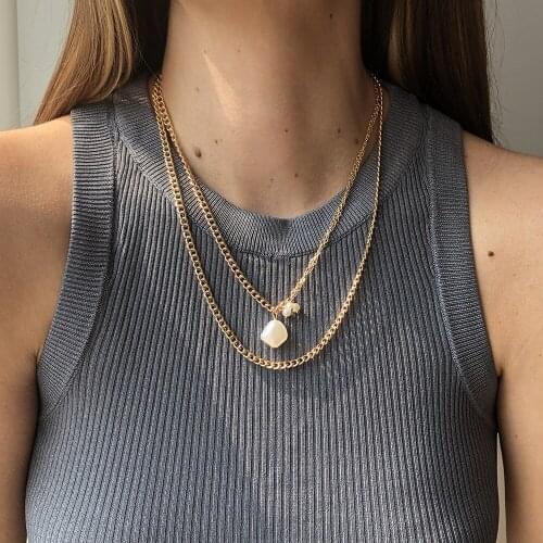 Boho Fashion Vintage Punk Gold Thick Chain Artificial Natural Shape Pearl Pendant Necklace For Women Multilevel Choker Jewelry