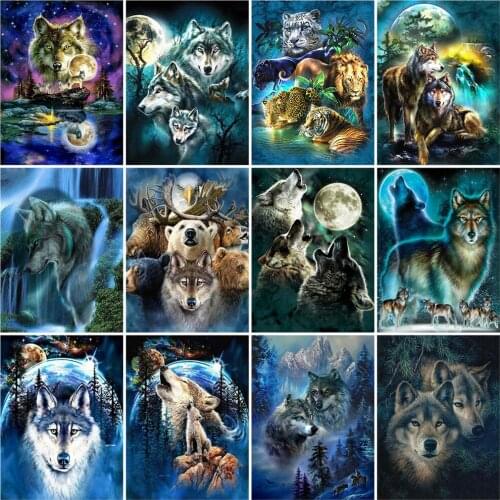 Huacan Diamond Mosaic Cross Stitch Embroidery Sets Wolf 5D Diamond Painting Animals Modular Pictures Decorative Paintings