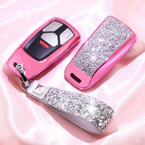 Diamond Car Key case Fob Cover for Audi A4 A4L 8S 2017 2016 Allroad B9 Q5 Q7 TT TTS Remote Keyless Auto Key ring for Girls