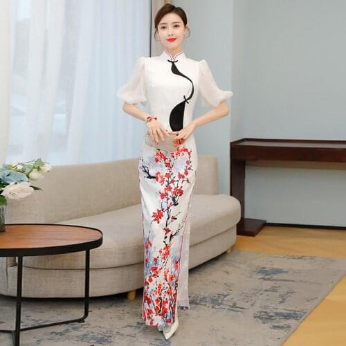 White Fashion Cheongsam Printing Girl Qipao Dresses Long Robe Chinoise Moderm Chinese Traditional Dress China Femme Evening Gown