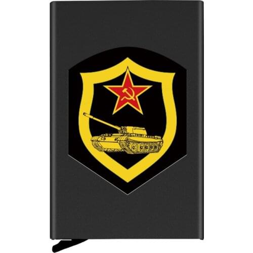 Black Metal Case Soviet Tank Troops Printing Credit Card Holder Men Slim Anti Protect Travel ID Cardholder Women Rfid Wallet