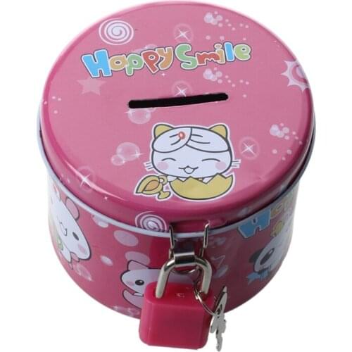 Cylinder Design Cartoon Print Piggy Bank Coin Money Saving Box w Padlock