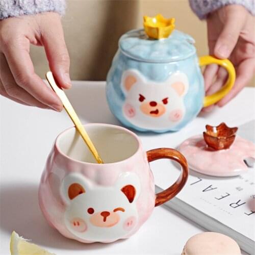 Ceramic Cartoon Bear Hand Painted Coffee Breakfast Milk Mug with Spoon and Lid Couple Water Cup Office Teacup Drinkware 380ML