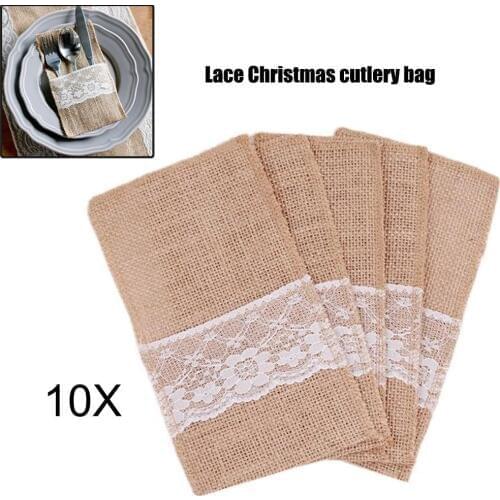 10pcs Burlap Lace Cutlery Pouch Wedding Tableware Party Supplies Holder Bag Hessian Rustic Jute Table Decoration Accessories