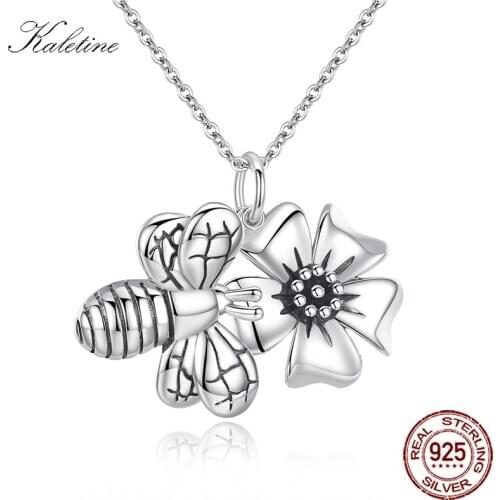 Women Honey Bee Big Flower Pendant Necklaces Sterling 925 Silver Necklace Antique Bumblebee Flowers Pendants S925 Gifts KLTN105