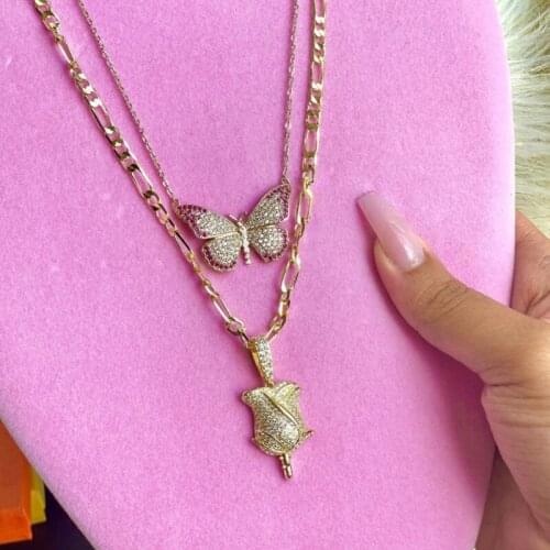 2020 summer Iced out bling cz Rose Flower Pendant Necklace women lover Valentines Day Gift with Figaro chain fashion jewelry