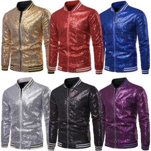 2019 Fashion Mens Sequins Jackets Coat Long Sleeve Zip Up Jacket Outwear Club Party Sequined Coats Formal Business Stage Suit