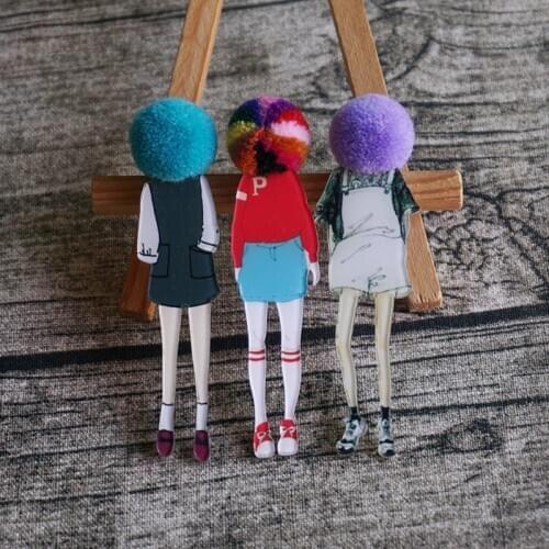 New Christmas Gifts Wool Ball Girl Model Cute Acrylic Badges Brooch For Women Scarf Pin Clothing Accessories