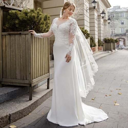 Charming Mermaid Long Sleeve Wedding Dress 2021 Scoop Neck Lace Appliques Chiffon Bridal Gowns Custom Made