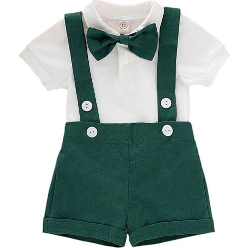 3 Pcs Newborn Solid Color Outfits, Baby Boys Short Sleeve Lapel Romper + Suspender Pants + Bow Tie