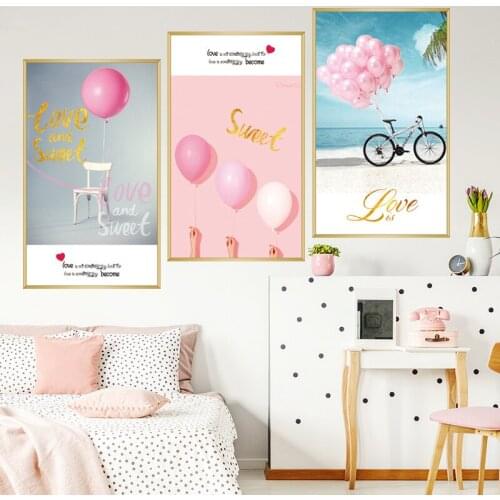Pink Fashion Poster Wall Stickers Wall Art Posters Balloon Bicycle Prints Vogue Wall Pictures Living Room Decoration