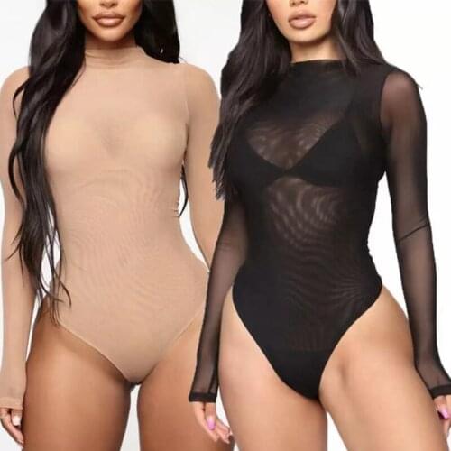 Sexy Women Long Sleeve Bodysuit High Cut Leotard Thong Clubwear Jumpsuit Playsuit Lingerie Fit Mesh Top