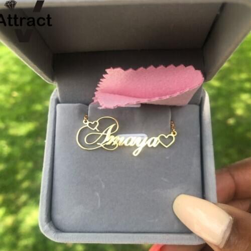 Silver Chain Heart Charm Custom Name Statement Necklace Personalized Cursive Script Collier Christmas Jewelry Valentines Gift